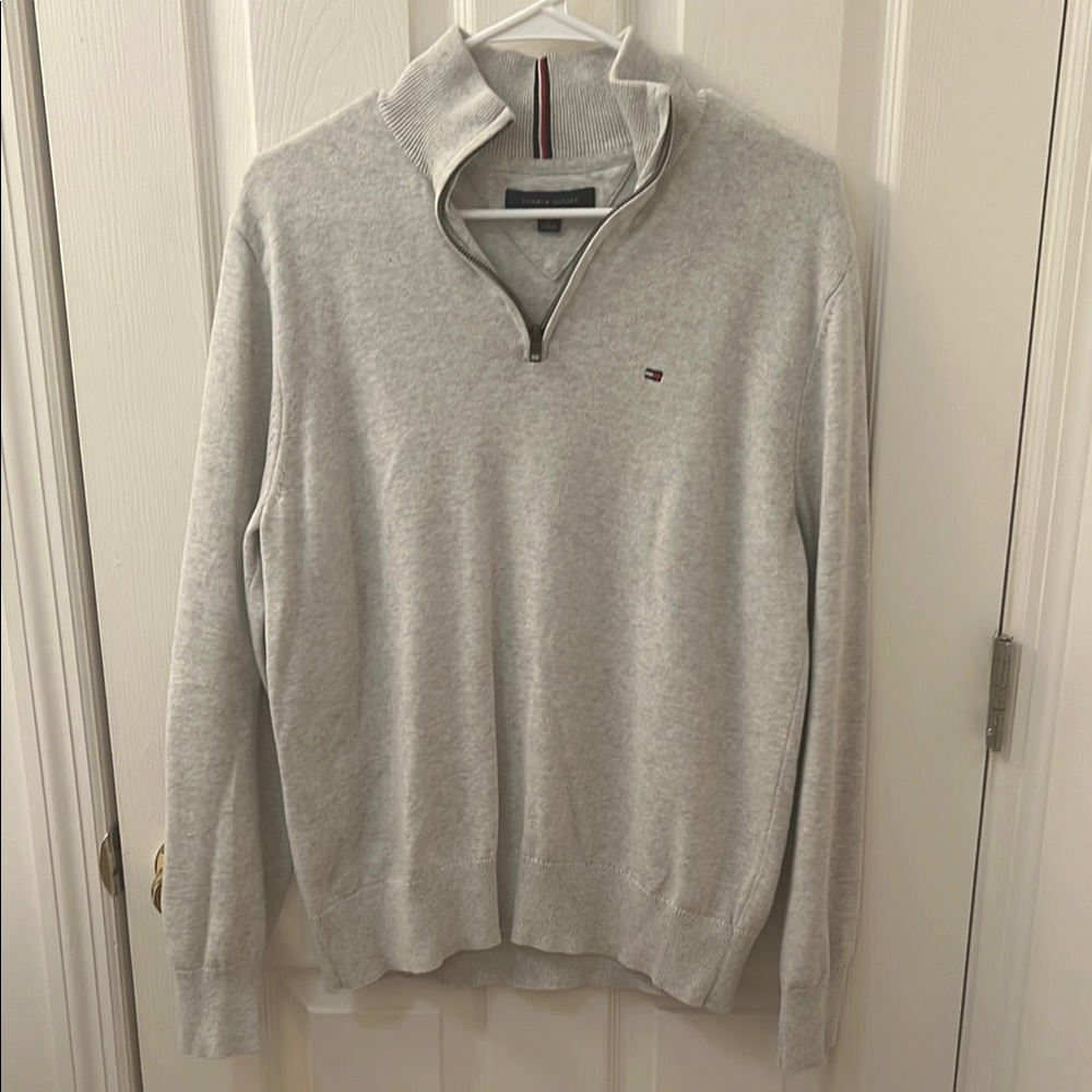 Tommy Hilfiger Gray Zip Up Sweater with Stand-Up Collar